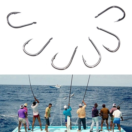 Assorted barbed fish hooks displayed individually