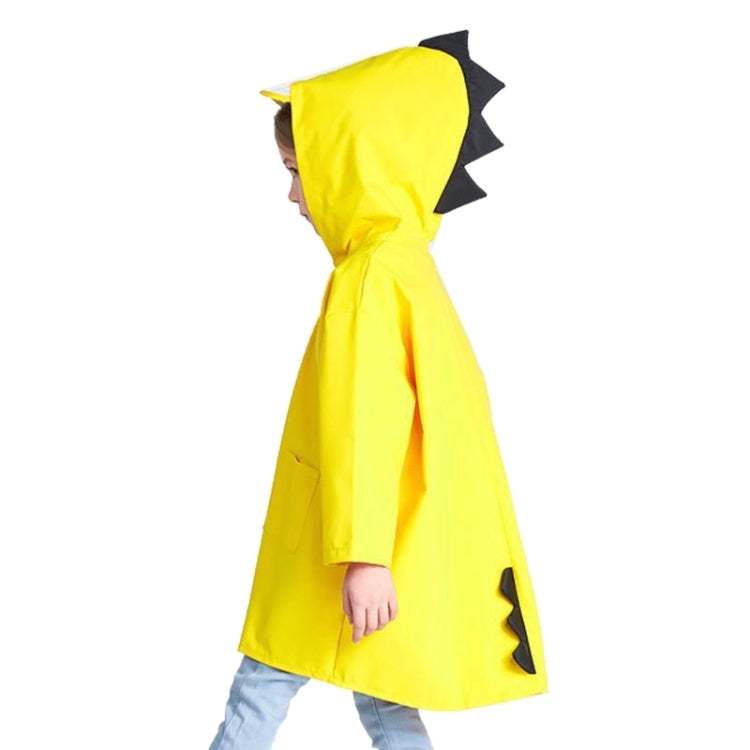 Yellow kids dinosaur raincoat with hood, front buttons, and black fin accents