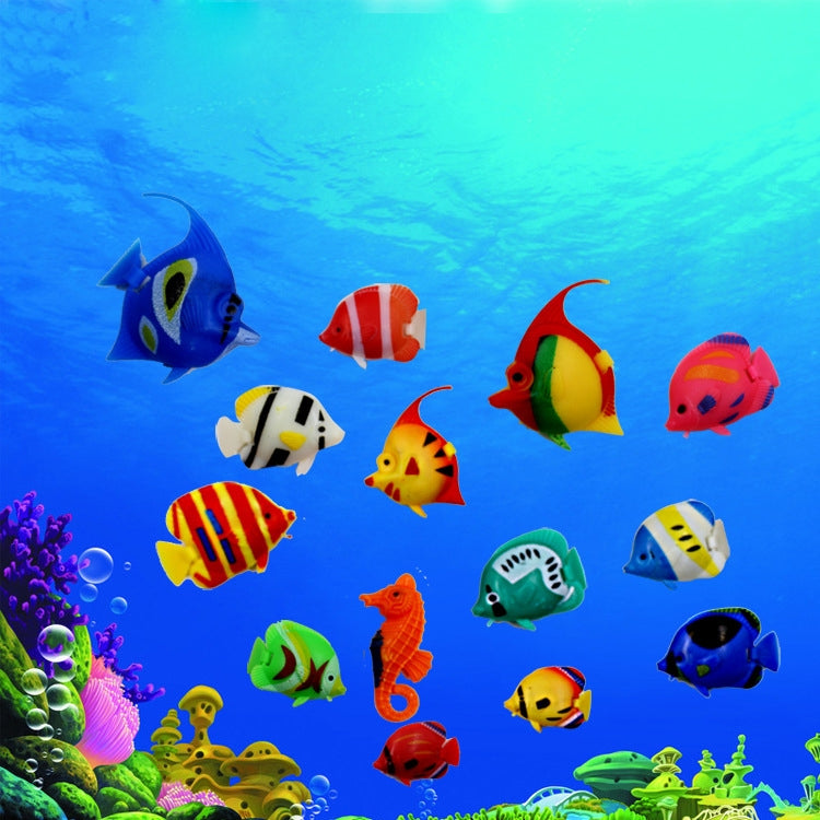 Multicolor plastic floating fish decorations underwater, floating together in a group