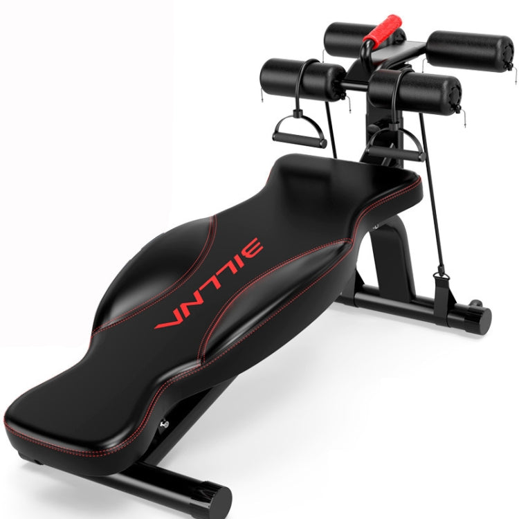 Black abdominal curl workout board with red trim, padded support and adjustable leg rollers