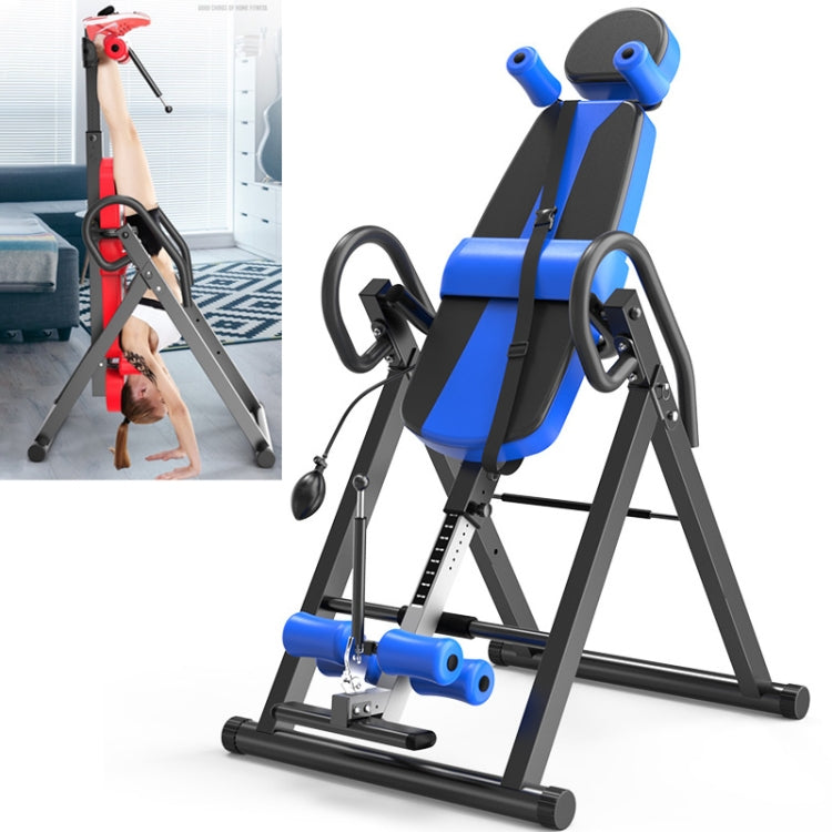 Inversion workout machine with black frame and blue padded seat, foot and hand grips