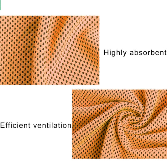 Orange microfiber ice towel close-up, breathable mesh dot pattern.
