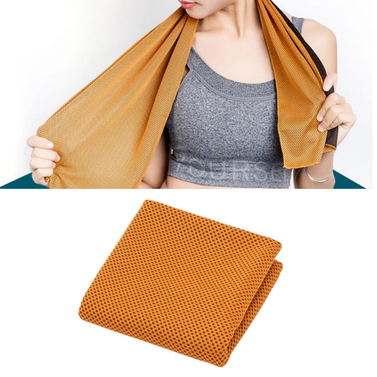 Orange microfiber ice towel draped over shoulders, mesh dot texture.