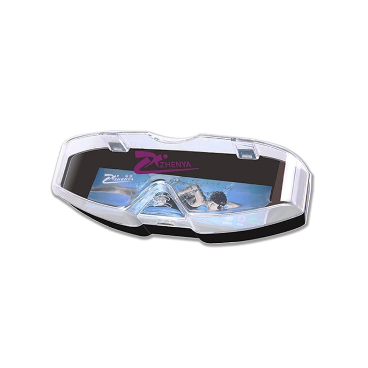 Clear swimming goggles with blue mirrored lenses and ZHENYA logo on the frame