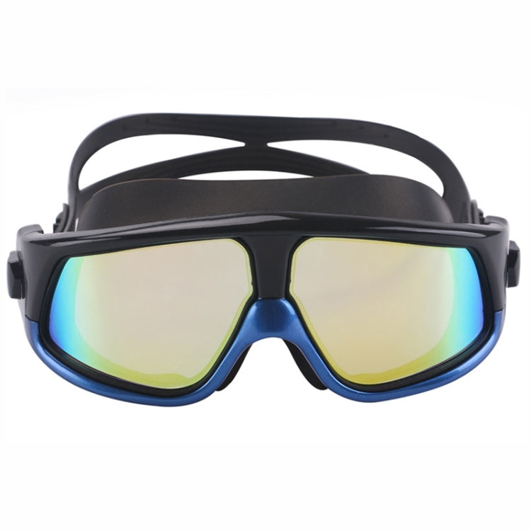 Blue and black swim goggles with large mirrored lenses and cushioned silicone strap