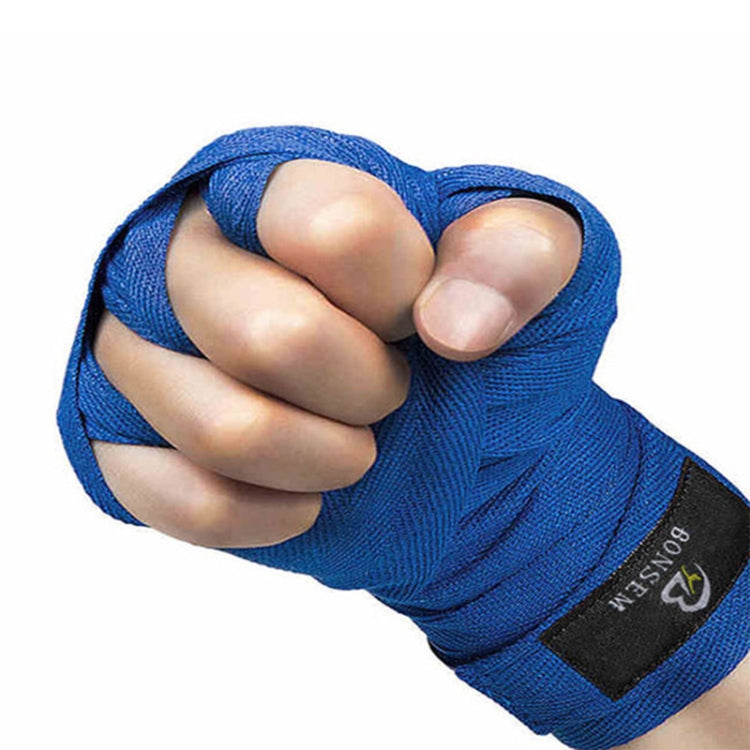 Blue boxing hand bandage wrapped around a clenched fist with thumb section.