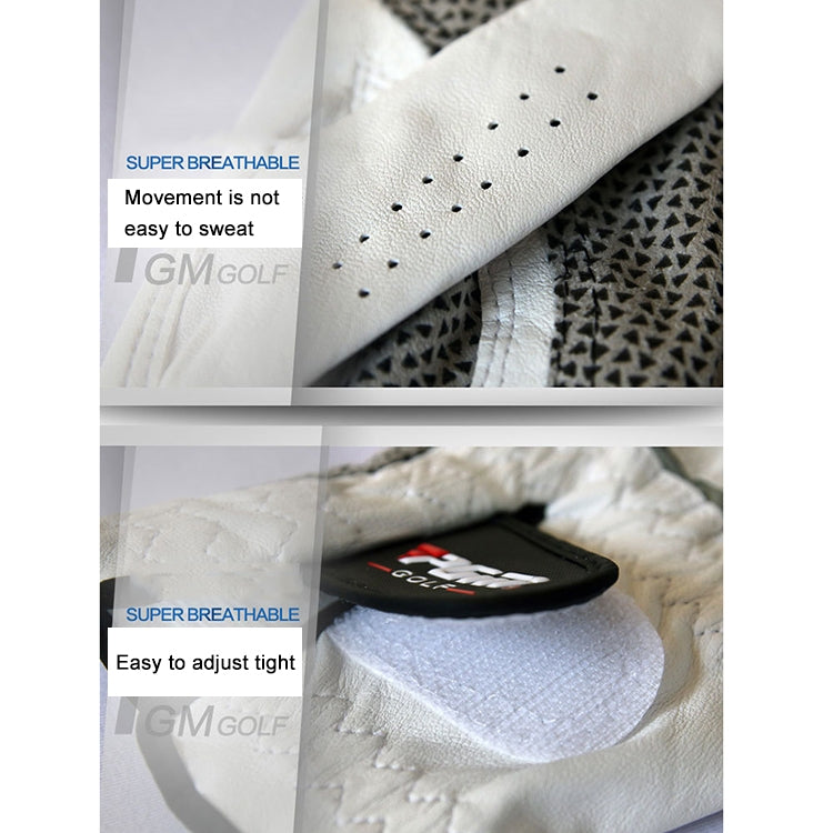 White sheepskin golf glove, perforated grip dots and adjustable strap detail