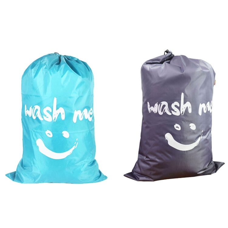 Set of two nylon drawstring storage bags, blue and dark purple, smile-face “wash me”