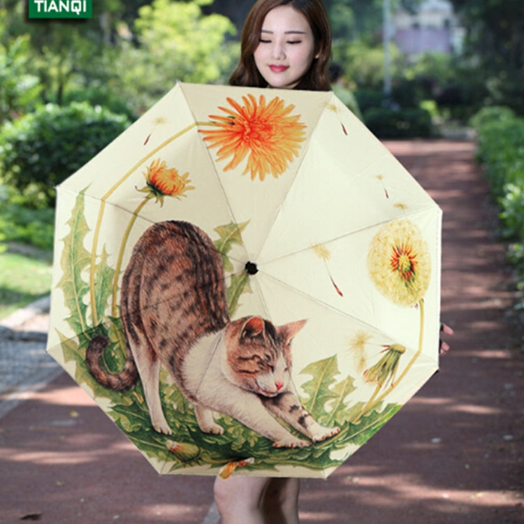 Open cat-pattern umbrella in cream with orange dandelion flowers and black ribs