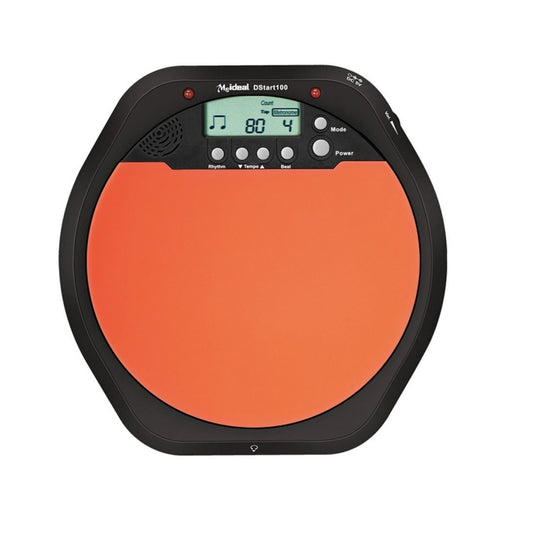 Electronic drum practice pad with orange playing surface, black control panel and buttons