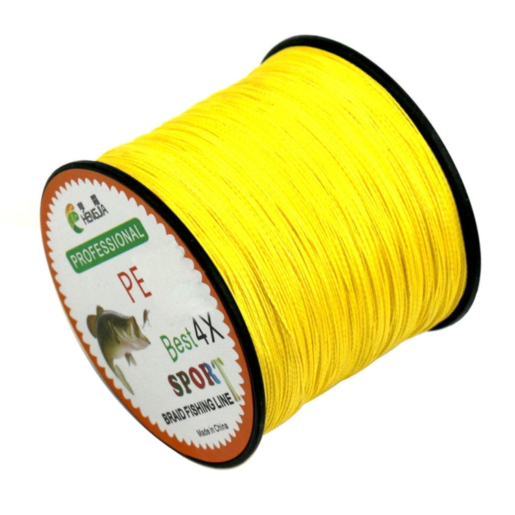 Yellow braided PE fishing line spool with black rim and tan label