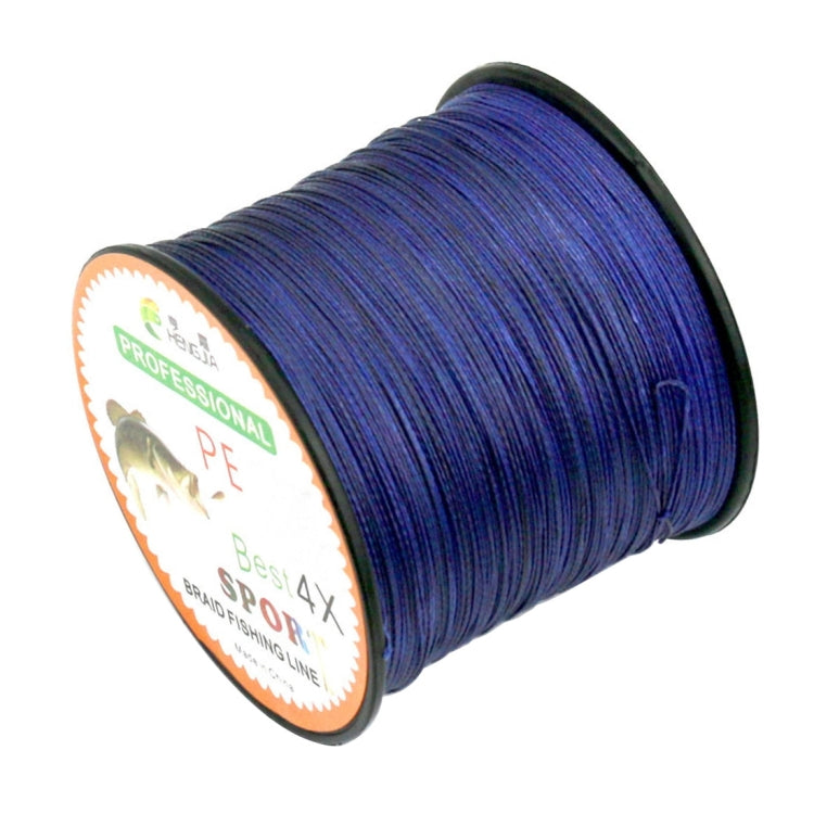 Dark blue braided PE fishing line spool on black reel, tightly wound