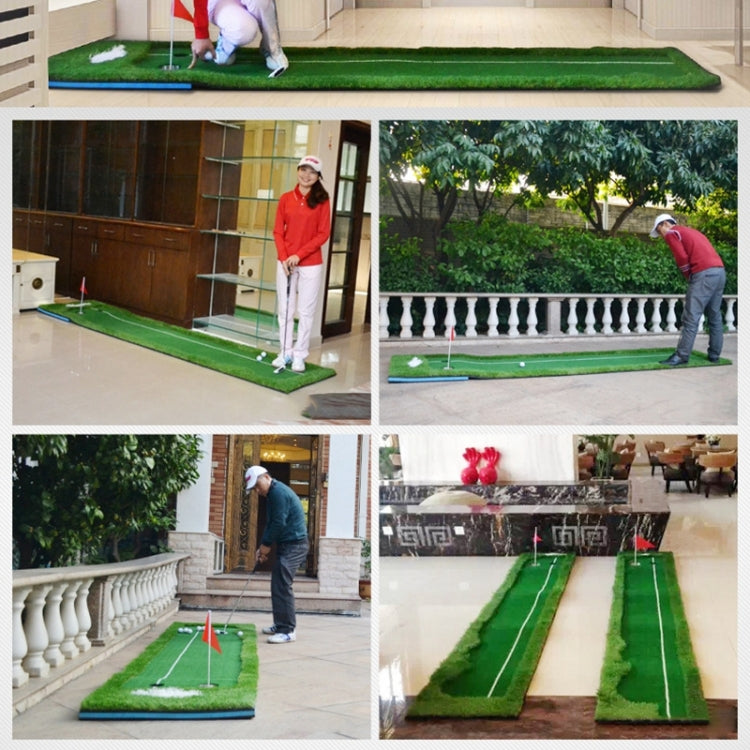 Green indoor putting trainer mat with red flag hole and guide lane for practice