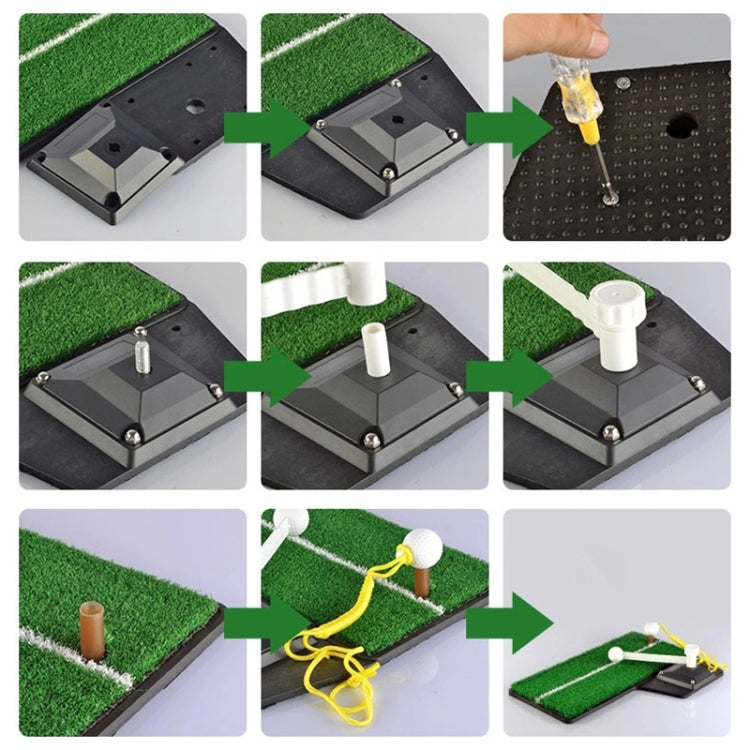 Putting mat trainer kit with green turf, push rod, and training accessories shown in steps