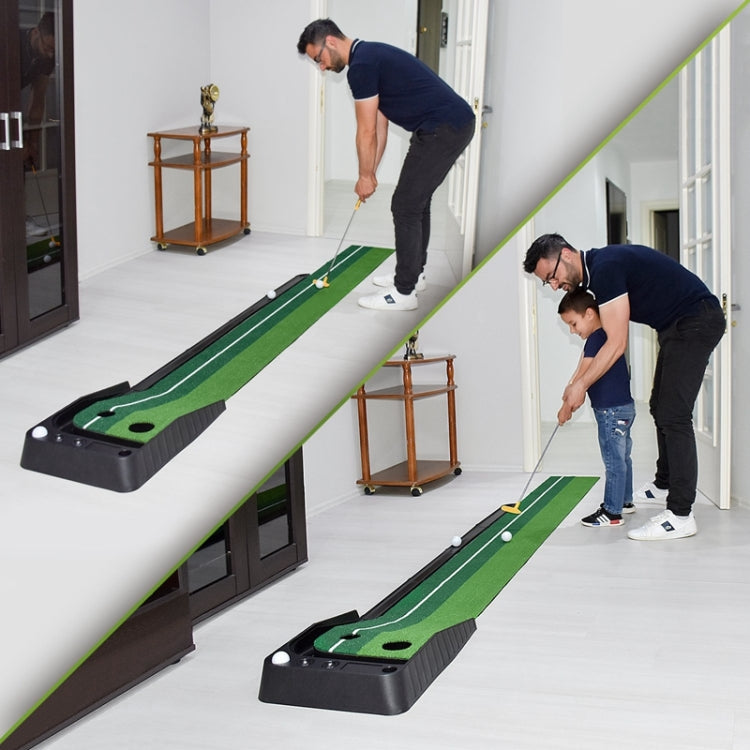 Indoor mini putting mat practice setup with green lane on black auto ball return base