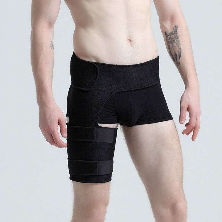 Black hip and thigh protection sleeve with padded knee-height brace and side panels.