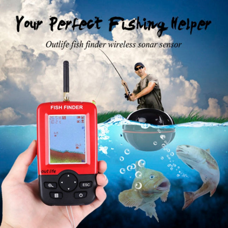 Wireless fish finder handheld with red display and antenna, held near floating fish