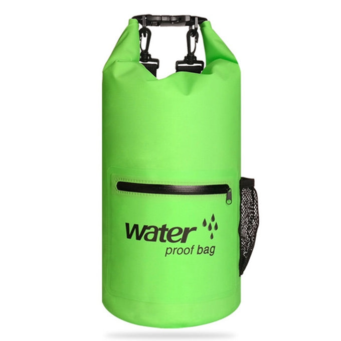 Green waterproof dry sack bag with dual shoulder straps and zip pocket