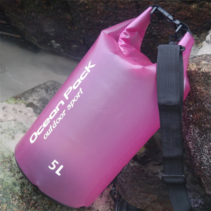 5L waterproof single-shoulder dry bag, roll-top PVC barrel bag with web strap, pink