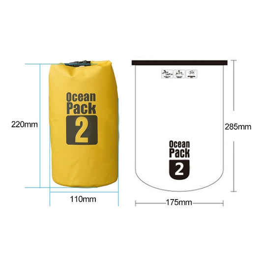Yellow 2L PVC waterproof dry bag with roll-top and size diagram