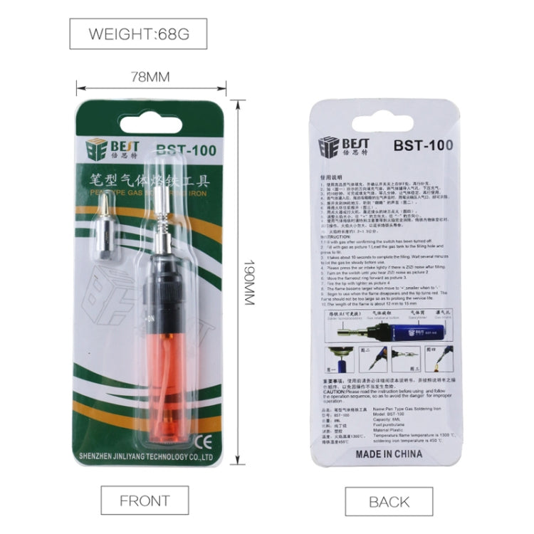 BEST BST-100 butane soldering iron pen blister pack, front and back packaging