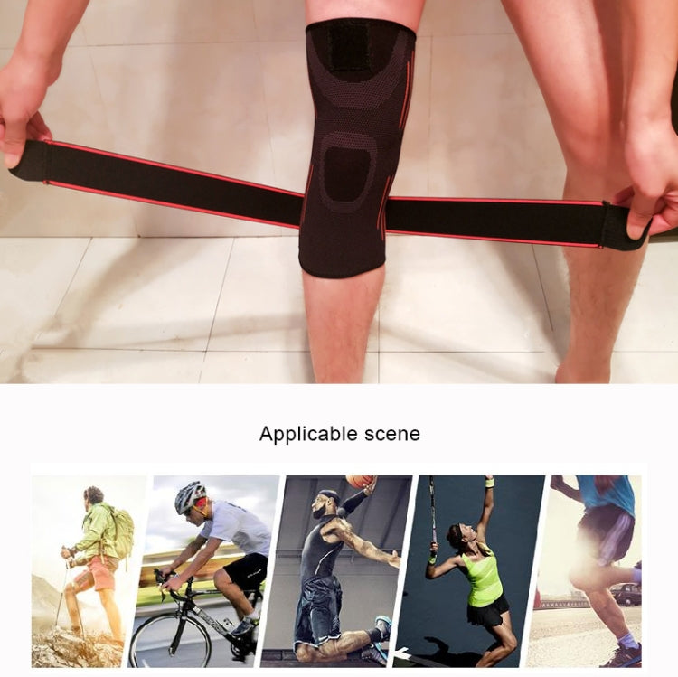 Black knee brace fitted for measurement with red band around the knee