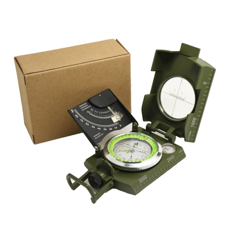 Olive green prismatic compass set in kraft box with included accessory card