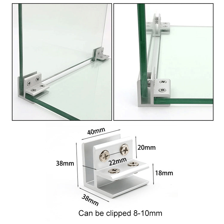 90-degree aluminum glass clamp clip, with screw holes and mounting base (8–10mm)