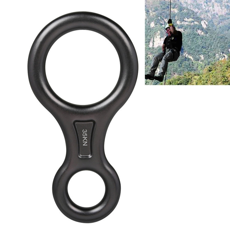 Dark gray figure 8 descender belay device with two rope holes and top eye