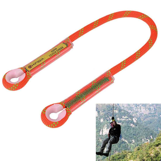 Orange climbing safety rope with green and yellow dotted pattern and looped ends, 60cm