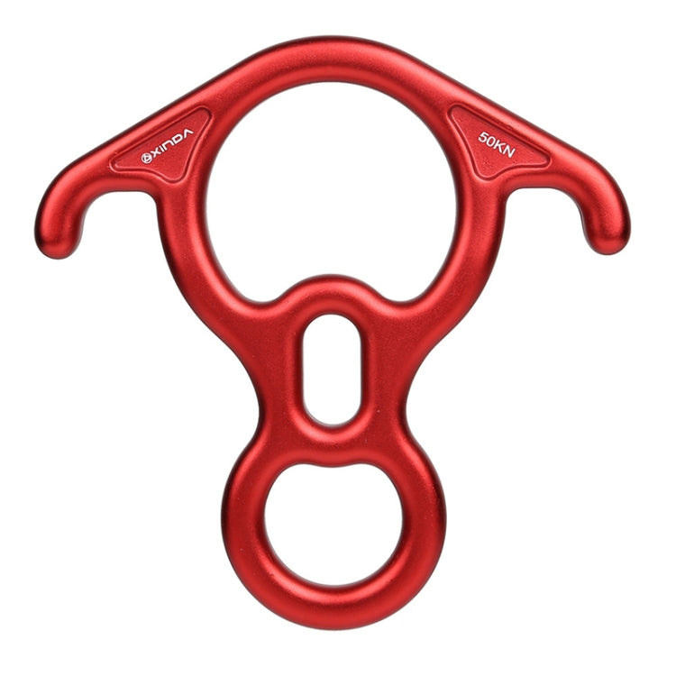 XINDA figure 8 descender belay device, red front view with rope loops