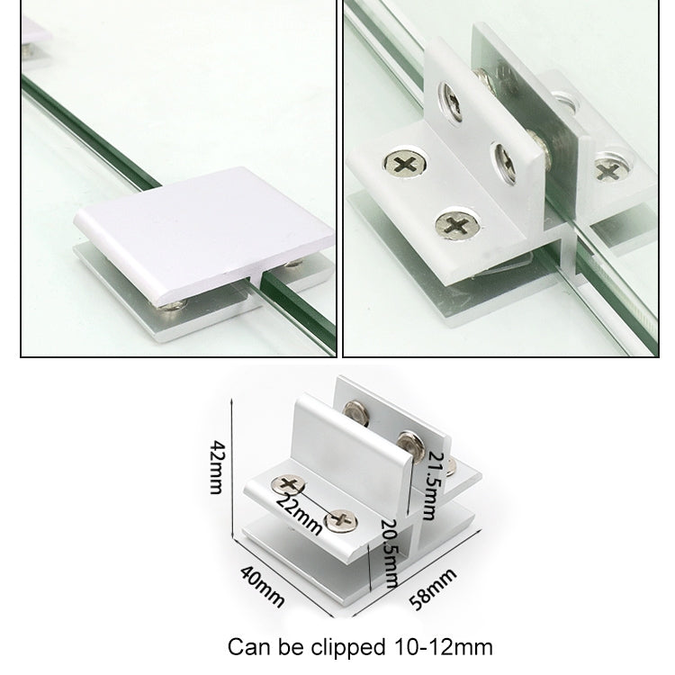 T-type glass fixing clip shown clipped to 10–12mm glass panels