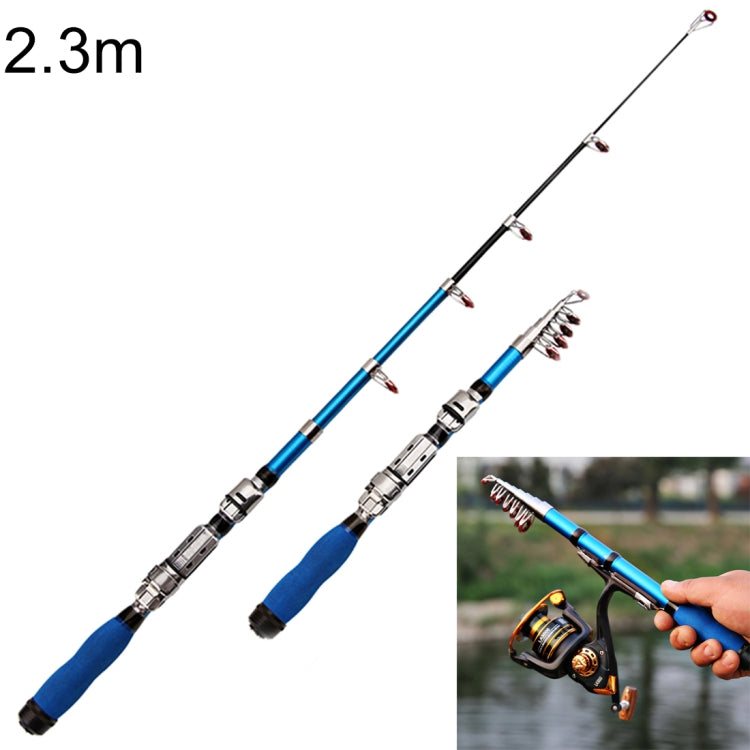 2.3m telescopic sea fishing rod with blue handle and line guides, shown with mini reel