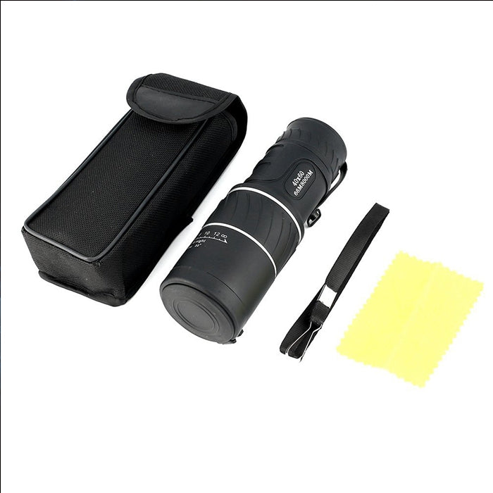 Black monocular telescope kit with carry case, strap, and cleaning cloth.