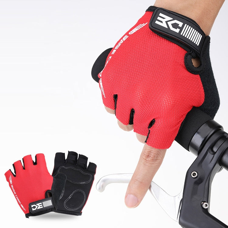 Red half-finger cycling gloves with black wrist strap and padded palm