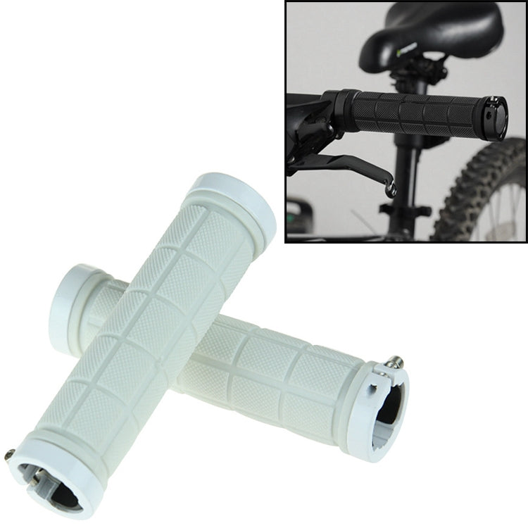 Bicycle handlebar grips pair, white rubber with crosshatch texture and metal lock ends