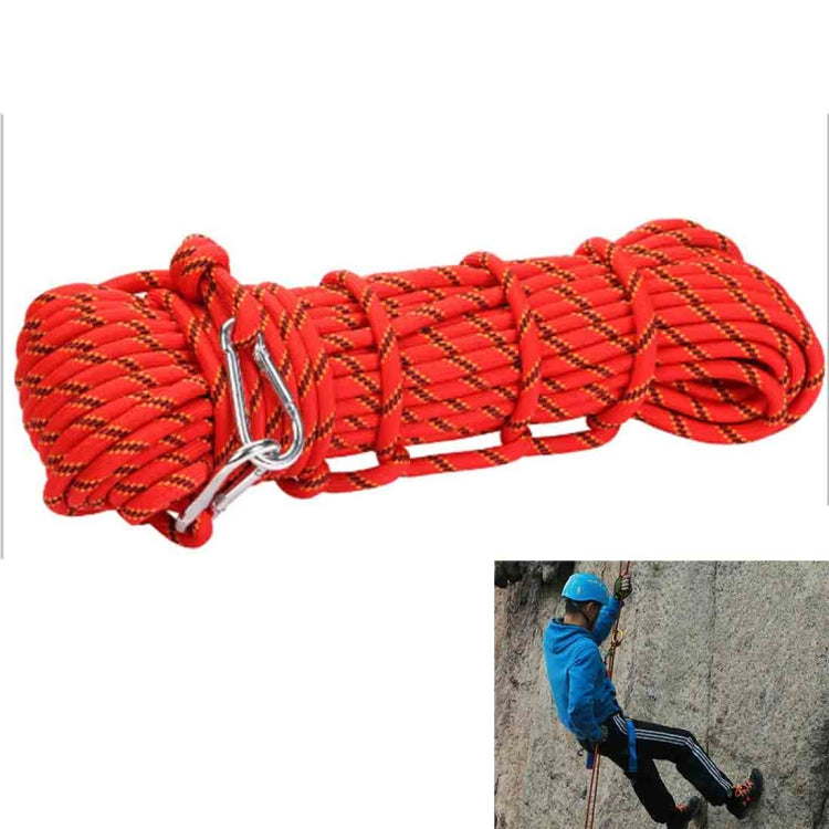 Red climbing rescue rope coil with multicolor weave and metal carabiner