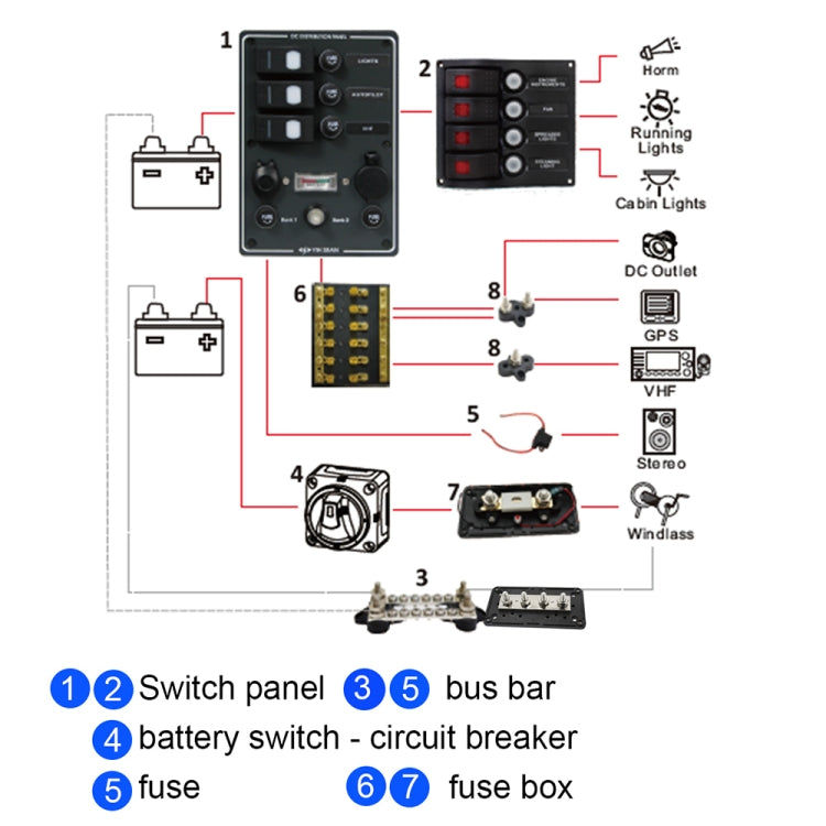 Red bus bar terminal stud assembly on a wiring diagram with labeled connections