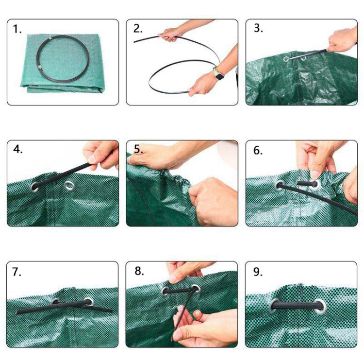 Green 300L garden waste bag step-by-step setup showing top rim and handle attachment