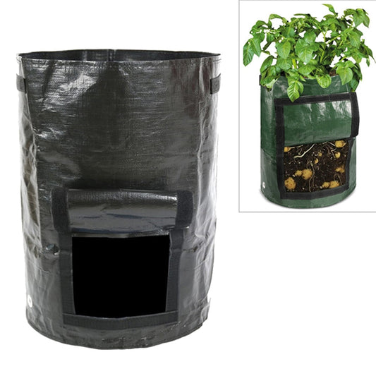 Potato planting grow bag, black PE fabric with front planting window and side handles