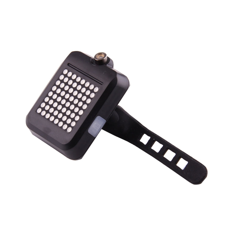 Black bicycle rear turn-signal light with LED dot-matrix panel and adjustable strap