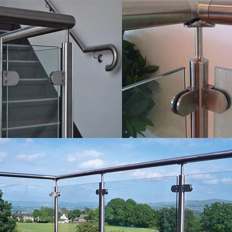 Stainless steel glass railing clamp brackets attached to metal rails with clear glass