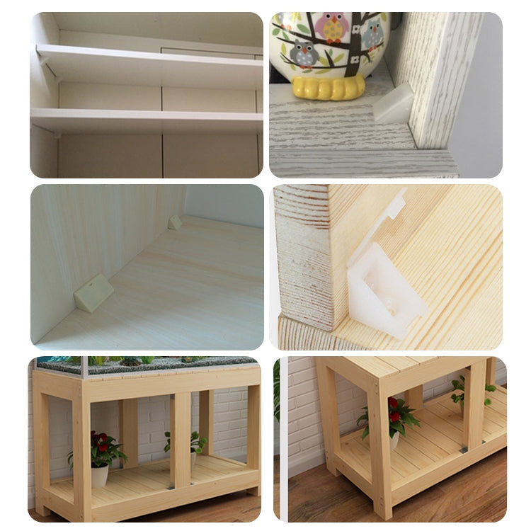 Plastic right-angle corner connectors used to join wood boards at a table corner