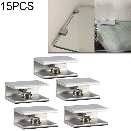 Aluminum glass fixing clips, silver with threaded hole, set of 15