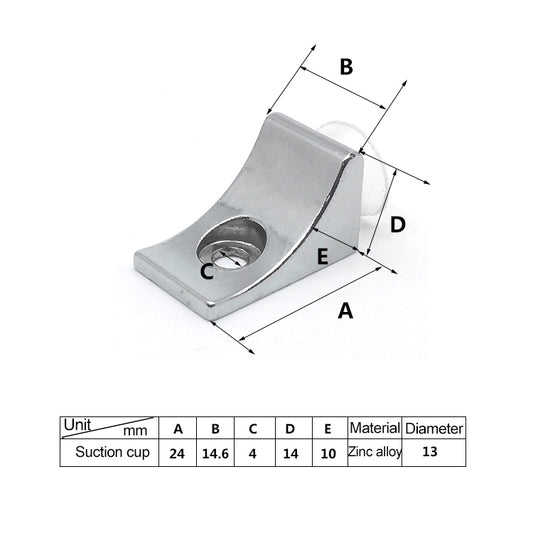 Right-angle zinc alloy glass holder bracket with suction cup; dimension diagram labels shown