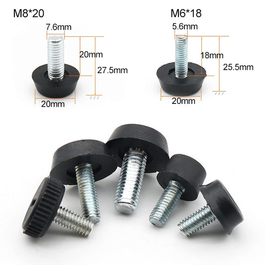 Black rubber foot pad with silver M8x20 screw; dimension diagram nearby