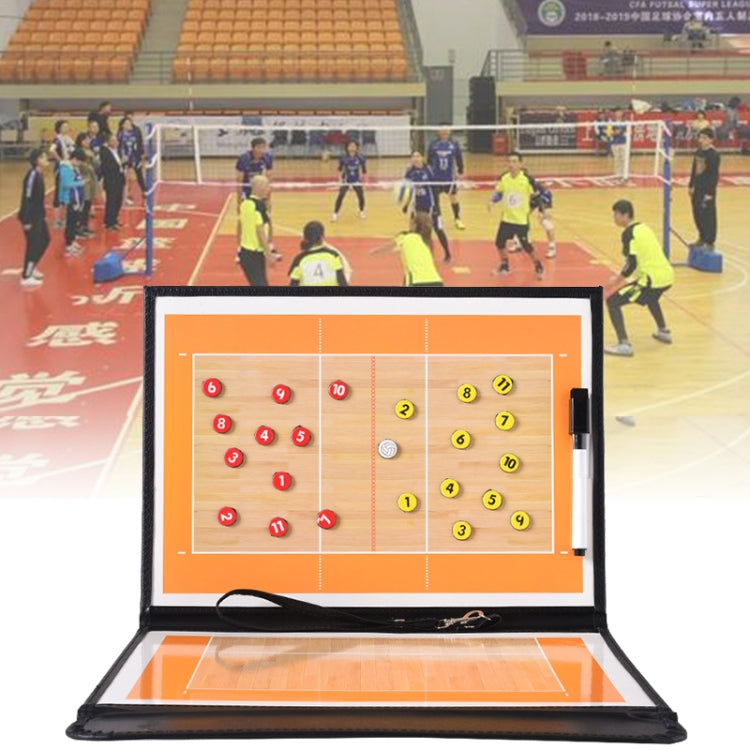 Foldable magnetic coach board on court with orange tactics panel and marker pen
