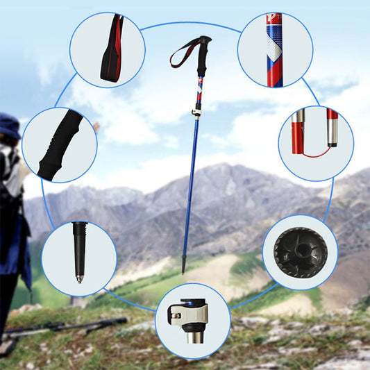 Blue trekking pole with black strap handle shown with detail callouts