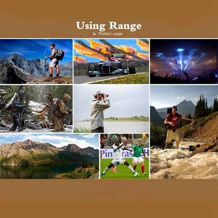 Binoculars shown in an outdoor range use collage with people and landscapes