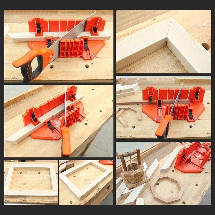 Orange miter saw guide box used for inside and outside corner cutting on wood